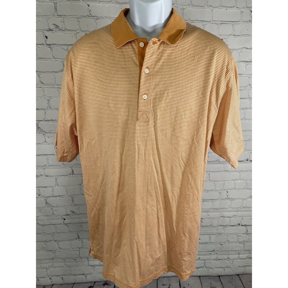 Greg Norman Lost Creek ATX White Orange Striped Henley Polo Short Sleeve Shirt L